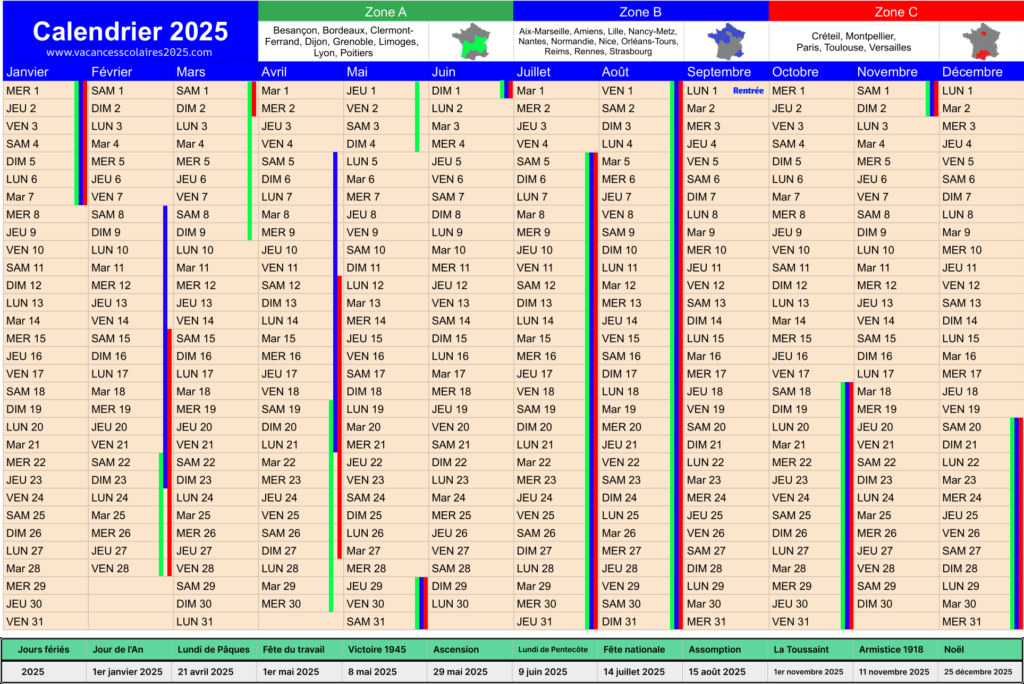 Calendrier 2025 avec les dates des vacances scolaires