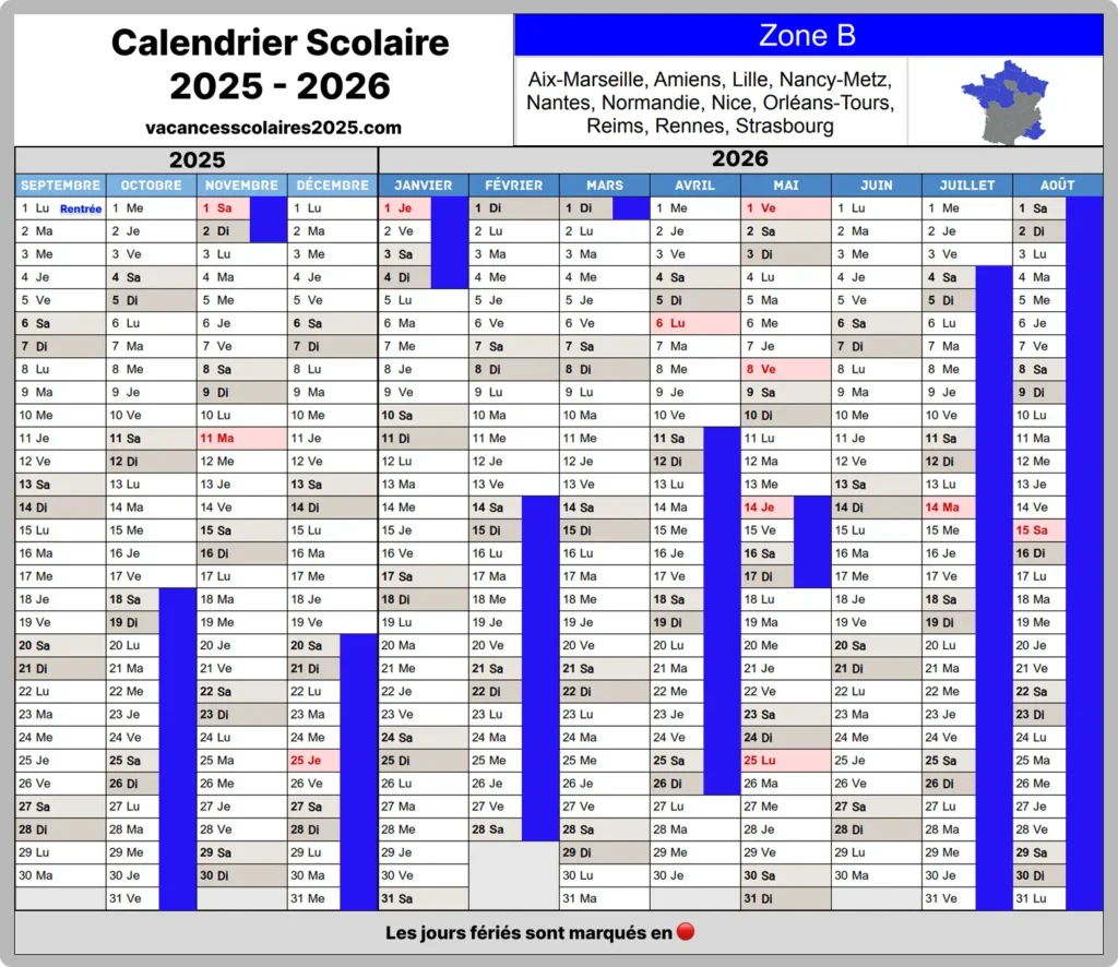 Calendrier Scolaire 2025-2026 Zone B France