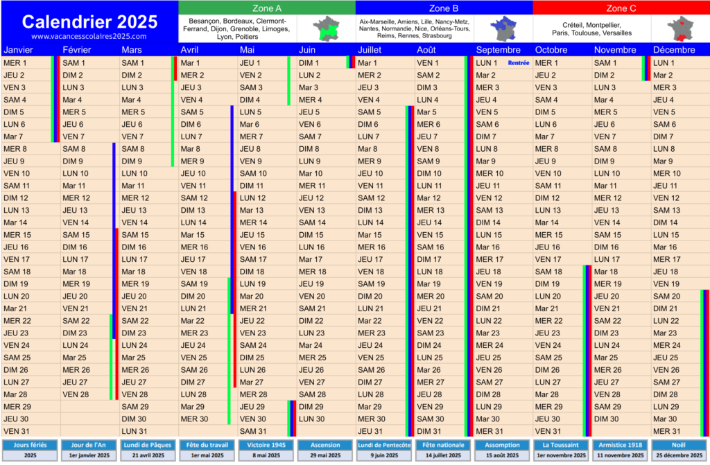 calendrier 2025 avec les dates des vacances scolaires
